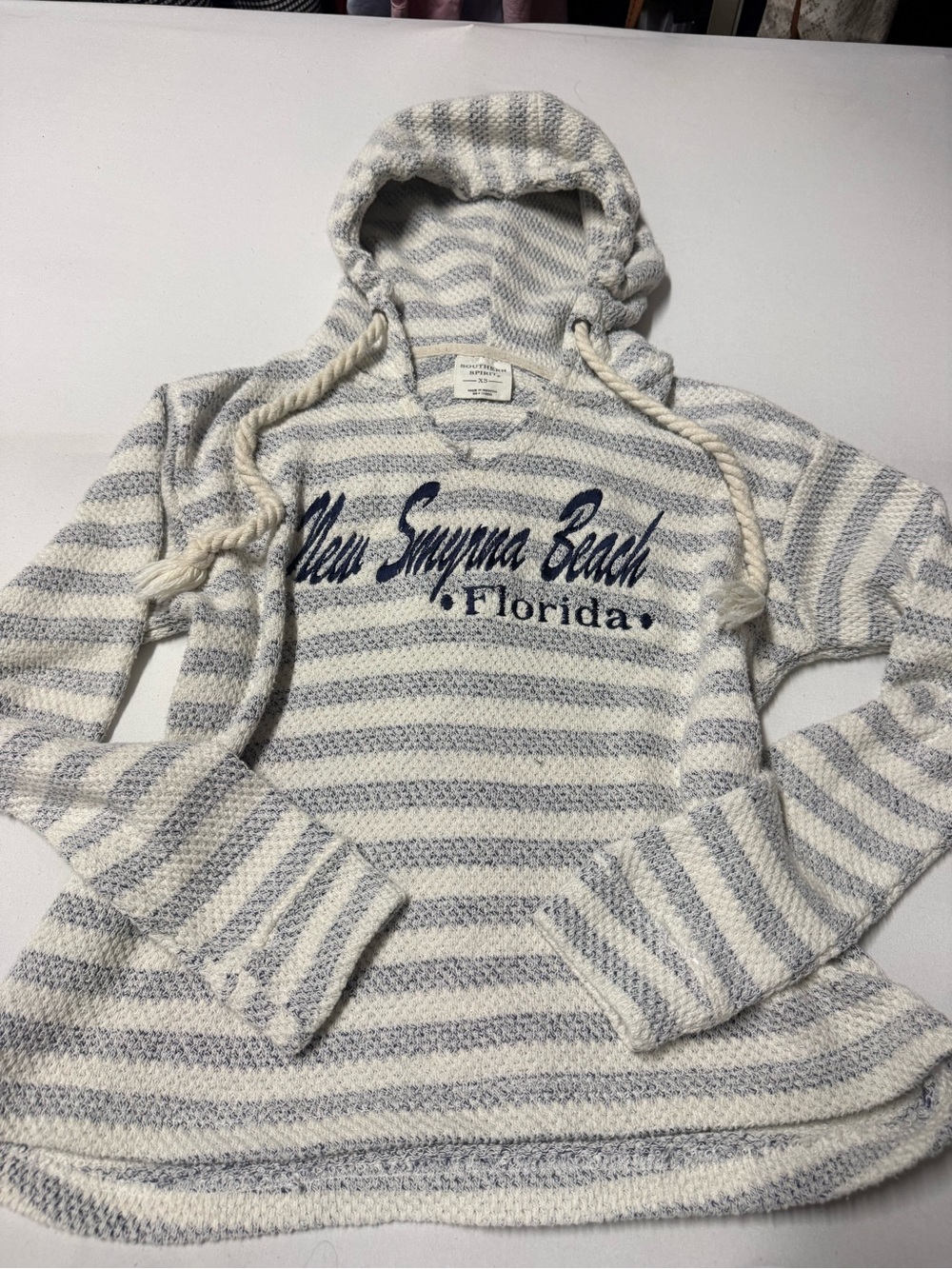 Striped Hooded Lite Sweatshirt Cream & Gray - New Smyrna Beach Florida XS - Picture 5 of 12
